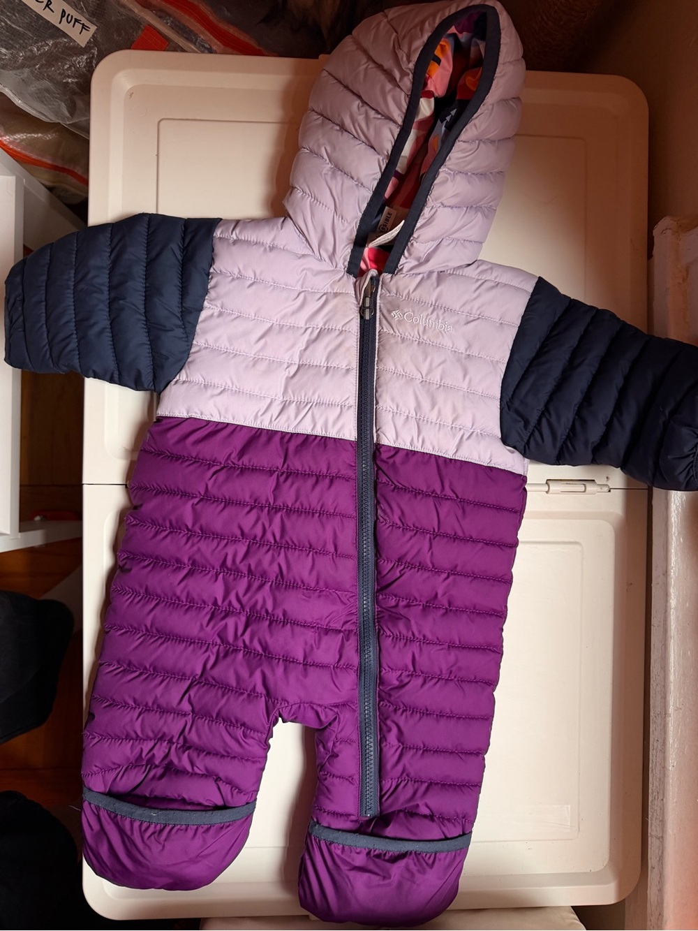 Columbia Purple, Light Pink & Navy Colorblock Kids One-Piece Snowsuit